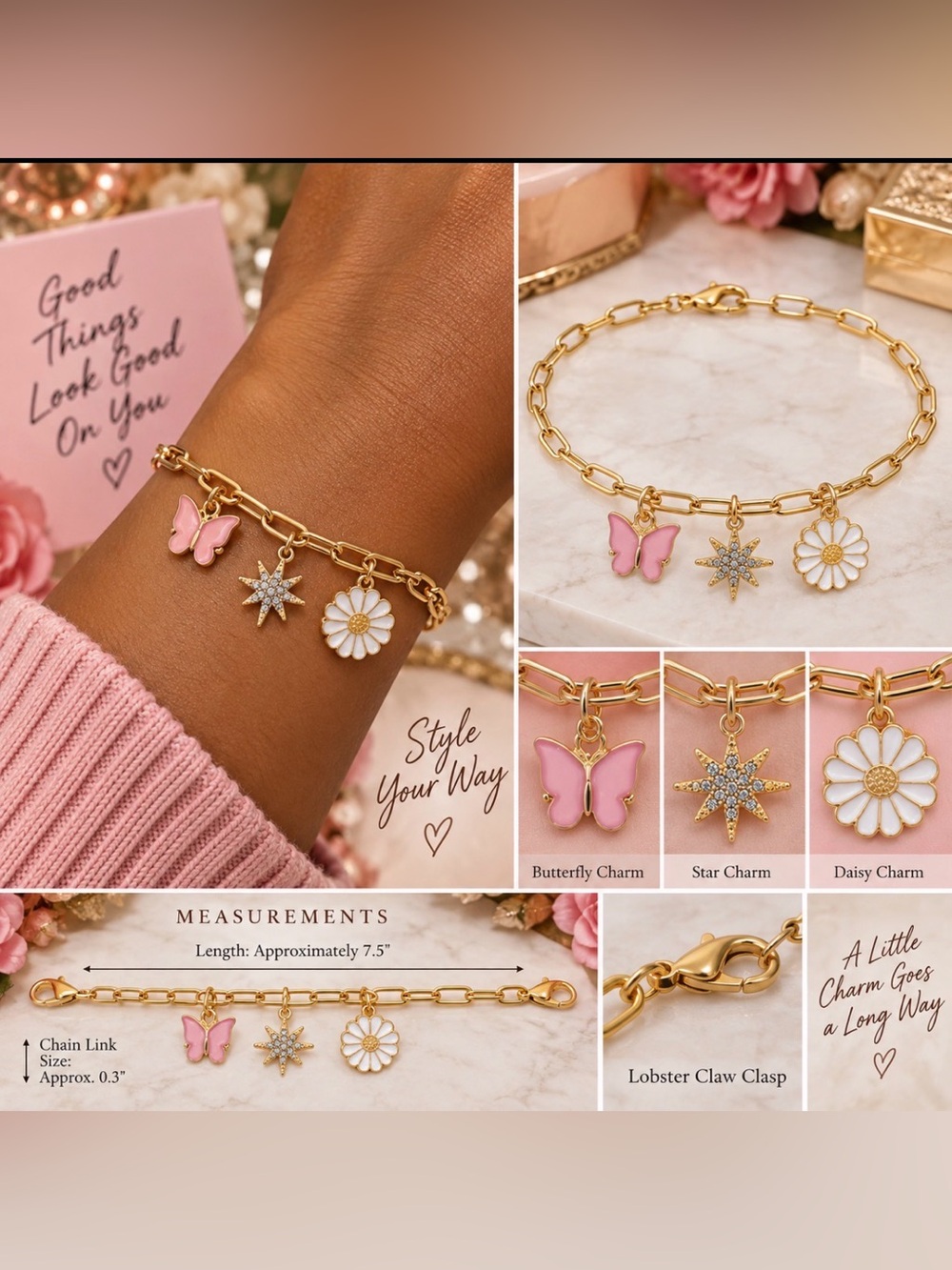 Gold Chain Bracelet with Pink Butterfly, Star & White Daisy Charms
